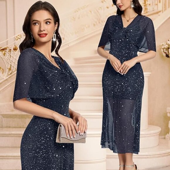 Cocktail Evening Gown Wedding Dresses with Shawl Navy - Picture 6 of 6